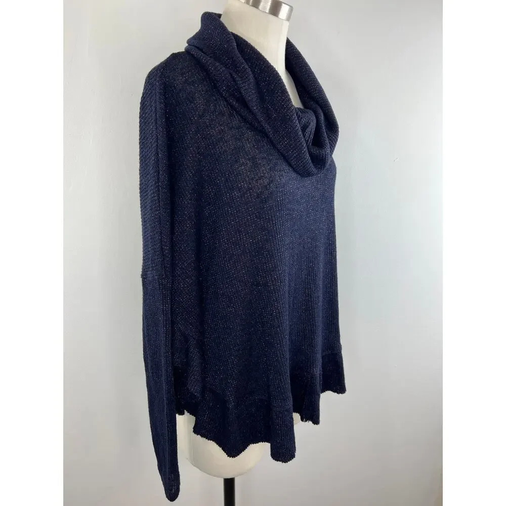 Anthropologie Postmark Blue Metallic Rib Knit Cowl Neck Relaxed Sweater XS